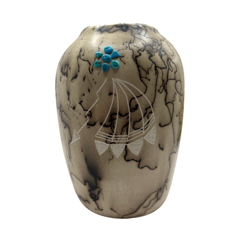 Navajo Diné Horse Hair Pottery Vase Signed TNA Shepherd Etched Turquoise READ